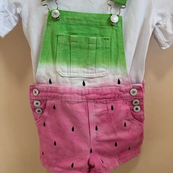 NWOT Girls Watermelon Overall Shorts With White Tee Set Size 6 / XL - Picture 2 of 12
